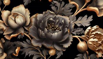 zwart en gouden schaamteloos botanisch patroon ai generatief foto
