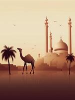 eid al adha mubarak groet met kameel en moskee, eid mubarak ai generatief foto