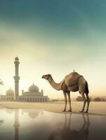 eid al adha mubarak groet met kameel en moskee, eid mubarak foto