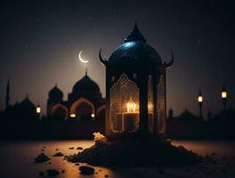 sier- Arabisch lantaarn met brandend kaars gloeiend Bij nacht. moslim heilig maand Ramadan kareem foto