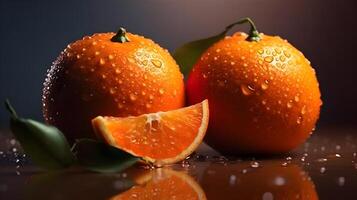 twee nat oranje fruit en sommige blad met een besnoeiing van oranje fruit reflectie Aan de studio set, kijken vers. ai gegenereerd foto