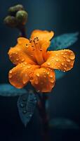 mooi oranje hibiscus bloem met water druppels Aan donker achtergrond ai gegenereerd foto