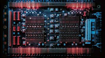 een computer stroomkring bord met rood en blauw lichten ,generatief ai foto