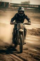 motorcross ras in modderig aarde arena ,generatief ai foto