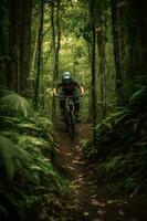 montain fiets racing Aan tropisch Woud ,generatief ai foto