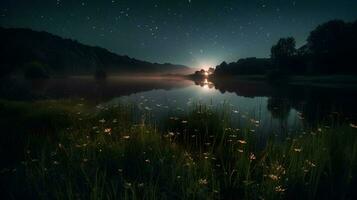 vuurvliegjes in een weide door de meer Bij nacht ,generatief ai foto