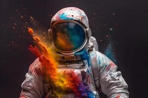 kosmonaut in voorkant van kleuren van regenboog poeder explosie ,generatief ai foto