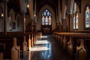 klassiek kerk interieur voorkant visie ,generatief ai foto