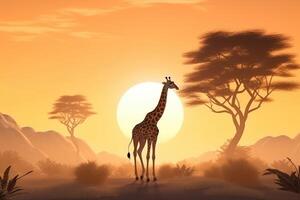 ai gegenereerd 3d tekenfilm bevallig giraffe vredig begrazing Aan de savanne onder een gouden zonsopkomst. foto