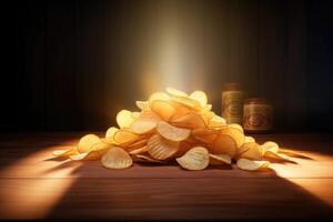 ai gegenereerd 3d tekenfilm knapperig aardappel chips geregeld in een stack Aan een rustiek houten tafel met een helder spotlight schijnend naar beneden van bovenstaande. foto