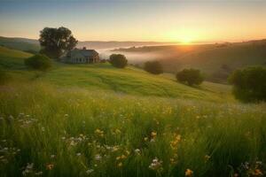 ai gegenereerd impressionistisch platteland Bij zonsopkomst, met rollend heuvels stippel met wilde bloemen en een eenzaam huisje genesteld in de afstand. foto
