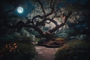 ai gegenereerd mysterieus tuin Bij nacht met een vol maan schijnend helder bovengronds, met een torenhoog boom met knoestig wortels en takken uitrekken naar de lucht. foto