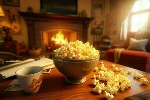 ai gegenereerd hartig popcorn overlopend van een wijnoogst kom Aan een houten koffie tafel in een knus leven kamer met een brullen brand in de achtergrond. foto