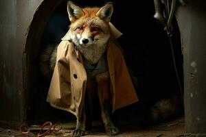 ai gegenereerd sluw vos in een rechercheurs loopgraaf jas komt tevoorschijn van een portaal, klaar naar oplossen een mysterie. foto