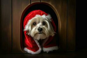 ai gegenereerd schattig hond in een de kerstman kostuum komt tevoorschijn van een portaal, klaar naar verspreiding Kerstmis juichen. foto