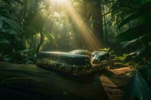 ai gegenereerd glibberend groen anaconda kronkelend haar manier door een dicht oerwoud met schachten van zonlicht doordringend door de overkapping. foto