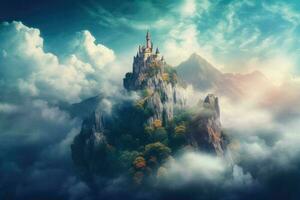 ai gegenereerd kasteel neergestreken boven een berg piek, omringd door wervelende wolken en de belofte van avontuur. foto