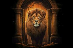 ai gegenereerd majestueus leeuw in een koning gewaad stappen door een portaal in een magisch koninkrijk. foto