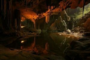 ai gegenereerd netwerk van ondergronds rivieren stroomde onder de aarde, snijwerk uit enorm ondergronds grotten gevulde met vreemd en wonderbaarlijk schepsels. foto