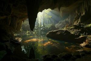 ai gegenereerd netwerk van ondergronds rivieren stroomde onder de aarde, snijwerk uit enorm ondergronds grotten gevulde met vreemd en wonderbaarlijk schepsels. foto