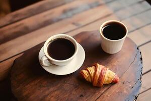 warm koffie en vers gebakken brood Aan rustiek tafel, generatief ai foto