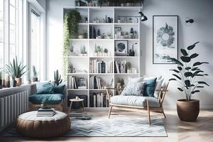 Boheems en Scandinavisch leven kamer interieur met groot panoramisch ramen, fauteuil en boekenplank, ai gegenereerd foto