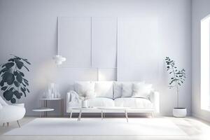 wit minimalistische leven kamer interieur met sofa Aan een houten vloer, decor Aan een groot muur, wit landschap in venster. huis nordic interieur Scandinavisch interieur poster bespotten omhoog, ai gegenereerd foto
