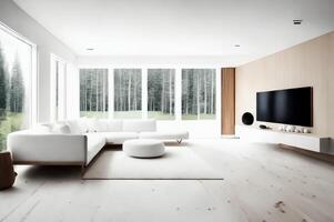 modern luxe huis interieur met elegant meubilair, architectuur, en leven kamer ontwerp elementen, ai gegenereerd foto