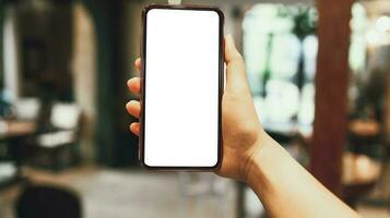 vrouwen handen Holding cel telefoon blanco kopiëren ruimte scherm. smartphone met blanco wit scherm geïsoleerd Aan wit achtergrond . slim telefoon met technologie concept foto