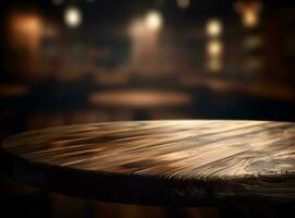 leeg houten tafel over- wazig bokeh achtergrond, Product Scherm montage foto