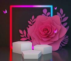 leeg Product Scherm voor presentatie met kleurrijk neon licht en bloem, kunstmatig Scherm, 3d renderen foto