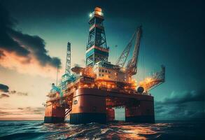 offshore olie en gas- tuigage platform met mooi lucht, olie prijs crisis concept, generatief ai illustratie foto