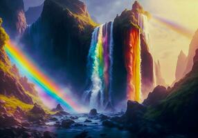 een regenboog over- een waterval met een regenboog ai generatief achtergrond foto