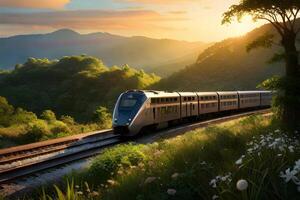 een trein in de oerwoud met zonsondergang. generatief ai. foto