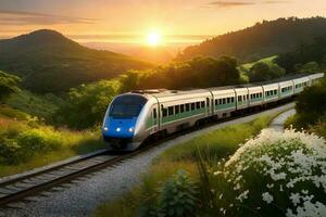 een trein in de oerwoud met zonsondergang. generatief ai. foto