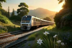 een trein in de oerwoud met zonsondergang. generatief ai. foto