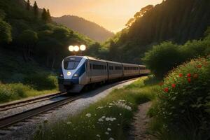 een trein in de oerwoud met zonsondergang. generatief ai. foto