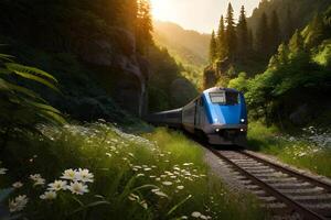 een trein in de oerwoud met zonsondergang. generatief ai. foto