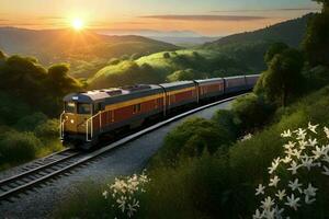 een trein in de oerwoud met zonsondergang. generatief ai. foto