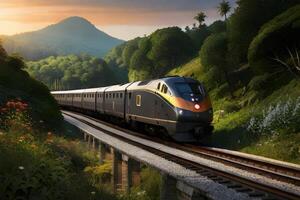 een trein in de oerwoud met zonsondergang. generatief ai. foto