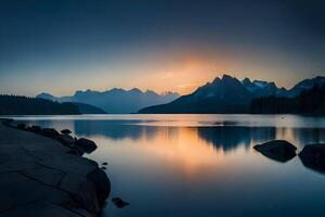 water blauw nacht meren silhouet Aan helling achtergrond, generatief ai. foto