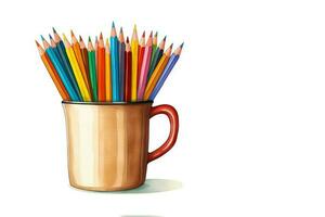 illustratie tekening een stack van gekleurde potloden in de kop houder met kopiëren ruimte. ai gegenereerd foto