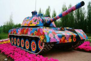 een tank Aan welke veel kleurrijk bloemen toenemen gemaakt met generatief ai technologie. foto