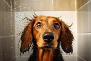 een hond in de douche gemaakt met generatief ai technologie. foto