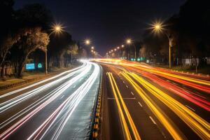 sporen van licht in verkeer gemaakt met generatief ai technologie. foto