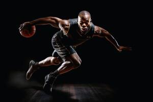 een professioneel basketbal speler in een actie schot gemaakt met generatief ai technologie. foto