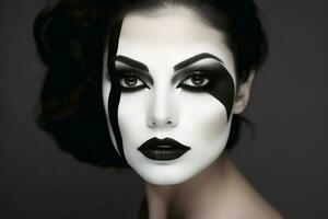 portret van een vrouw met een zwart en wit bedenken scheiden de gezicht gemaakt met generatief ai technologie. foto