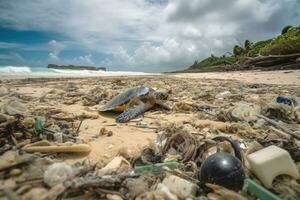 een veel van aangespoeld plastic verspilling Aan een tropisch droom strand een groot schildpad tussenin de plastic verspilling gemaakt met generatief ai technologie. foto