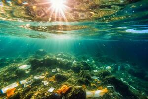 plastic verspilling onder water in de oceaan gemaakt met generatief ai technologie. foto