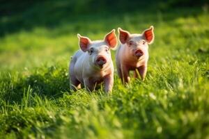 varkens Aan een groen weide Aan een boerderij gemaakt met generatief ai technologie. foto